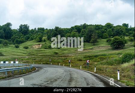 A scenic view of a curving road from Kartli to Kakheti, amidst the verdant landscapes of the Caucasus Mountains in Georgia, featuring rich greenery an Stockfoto