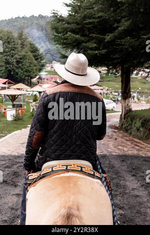 Rückansicht eines nicht erkennbaren Reiters in La Marquesa, Toluca, Mexiko, mit Hut und Pferd auf einem malerischen Waldweg. Das Bild wird erfasst Stockfoto