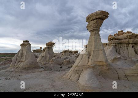 Dramatische Felsformationen und verwitterte Hoodoos in Pilzform stehen unter einem stürmischen Himmel in der AH-Shi-SLE-PAH Wilderness, New Mexico, mit dem Uniqu Stockfoto