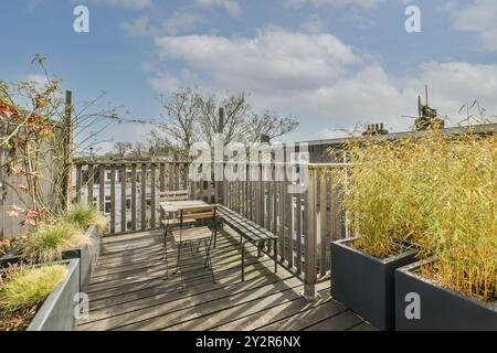 Ein ruhiger Balkongarten mit Holzfußboden, Tischbank, Pflanzgefäßen mit üppigem Grün und Blick auf die Dächer der Stadt unter blauem Himmel. Stockfoto