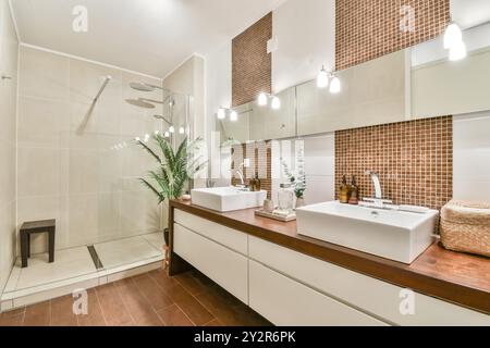 Ein stilvoll gestaltetes, modernes Badezimmer mit eleganten Armaturen, Duschkabine, zwei Waschbecken und dekorativen Fliesen. Stockfoto