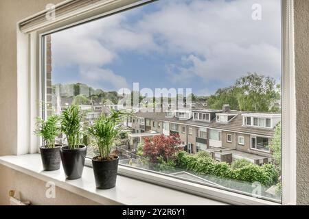 Eine ruhige Vorstadtlandschaft, die durch ein Fenster mit grünen Pflanzen gesäumt wird. Stockfoto