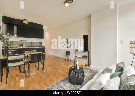 Moderner, offener Wohnbereich mit eleganter Küche, gemütlichem Sitzbereich mit Plüschsofa und Esstisch aus Holz, beleuchtet von nat Stockfoto