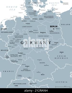 Deutschland, ein Land in Mitteleuropa mit Hauptstadt Berlin, graue politische Karte. Bundesrepublik Deutschland mit ihren 16 wählerstaaten. Stockfoto