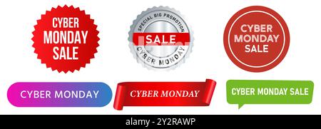 Cyber Monday Sale Stempel Bunte Abzeichen Werbung Sonderförderung E-Commerce Marketing Anzeigen Design Set Kollektion Stock Vektor