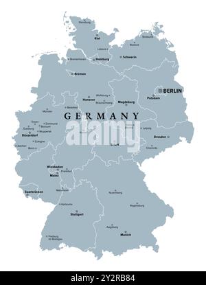 Deutschland, Silhouette, ein Land in Mitteleuropa mit Hauptstadt Berlin, graue politische Karte. Bundesrepublik Deutschland mit 16 wählerstaaten. Stockfoto