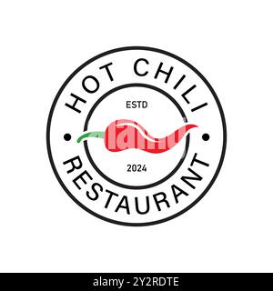 Warmes Chili-Essen mit Chili und Feuer-Symbol. Vintage-Label-Logo Stock Vektor