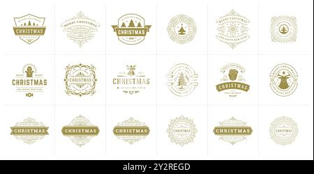 Eine Sammlung von Weihnachtslabels im Vintage-Stil, die mit verschiedenen festlichen Motiven verziert sind. Diese einzigartigen Designs zelebrieren den Feiertagsgeist mit kompliziertem d Stock Vektor