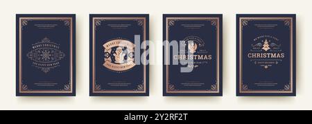 Eine Sammlung von vier Weihnachtsgrußkarten im Vintage-Stil zeigt elegante Designs mit Weihnachtsmotiven, festliche Typografie und klassisches de Stock Vektor