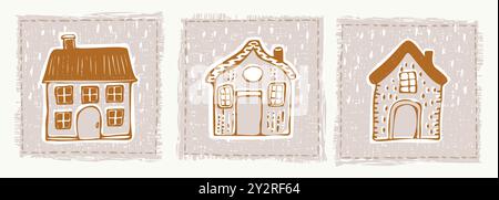 Skurrile verschneite Hüttentür mit festlichem Weihnachtsmotiv im dezember. Winterurlaub in sozialen Medien. Niedlich, handgezeichnet festlich Stock Vektor