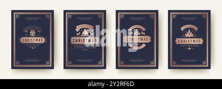 Eine Sammlung von vier Weihnachtsgrußkarten im Vintage-Stil zeigt elegante Designs mit Weihnachtsmotiven, festliche Typografie und klassisches de Stock Vektor