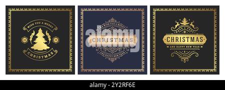 Drei verschiedene Weihnachtskarten zeigen elegante Weihnachtsmotive mit Geschenken, Bäumen und Rentieren. Jedes Design enthält festliche Farben mit gol Stock Vektor