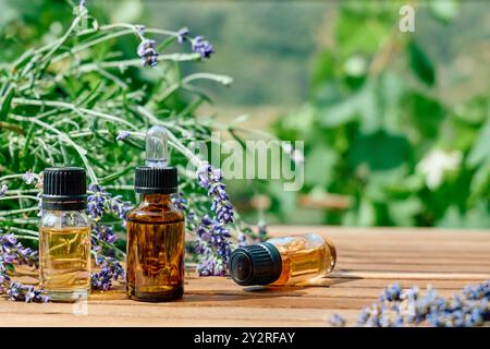 Flaschen mit natürlichem ätherischem Lavendelöl und frischen lila Lavendelblüten auf Holztisch vor naturgrünem Hintergrund. Aromatherapie, alternati Stockfoto