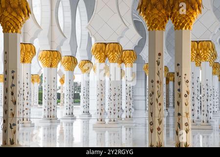 Das Innere der Scheich-Zayed-Moschee mit verzierten Säulen mit goldenen Palmenbaumschmuck und Bögen, die sich auf weißem Marmorboden in Abu Dhabi spiegeln Stockfoto