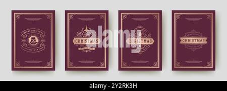 Eine Sammlung von vier Weihnachtsgrußkarten im Vintage-Stil zeigt elegante Designs mit Weihnachtsmotiven, festliche Typografie und klassisches de Stock Vektor