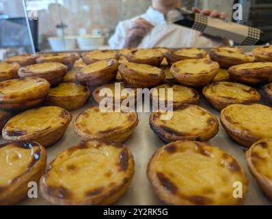 Nahaufnahme einer Präsentation frisch gebackener portugiesischer Pudding-Torten, auch bekannt als Pastel de Nata, in einer Bäckerei. Stockfoto