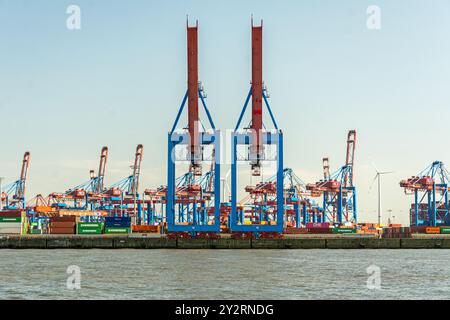 Portalkrane am Containerterminal Burchardkai in Hamburg Övelgönne Stockfoto