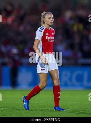 Leah Williamson von Arsenal im Finale der Qualifikationsrunde der UEFA Women's Champions League in Meadow Park, Borehamwood. Stockfoto