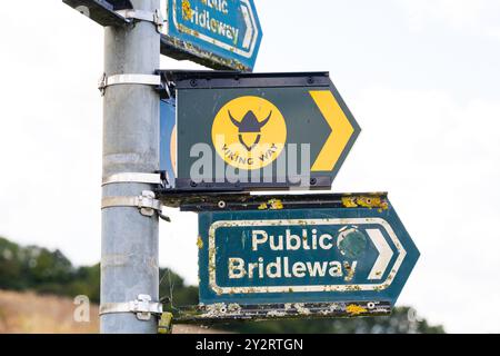 Ausschilderung zum Viking Way Public Bridleway in der Nähe von Barkston, Grantham, Lincolnshire. Stockfoto
