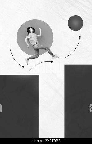 Composite Trend Artwork 3D-Skizzenbild Fotocollage eines monochromen Bildes Junge Person Frau Lauf Sprungplattform Pfeil zeigen Richtung Stockfoto