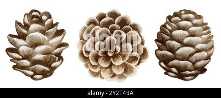 Tannenzapfen Aquarellset transparenter Hintergrund. Botanische Illustration einsamer Tannenzapfen handgezeichnet braune Farbe. Festliches Pflanzenwaldelement. Stockfoto