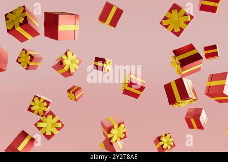 Ein Haufen roter Boxen mit gelben Bändern fliegen durch die Luft, 3D-Rendering Stockfoto