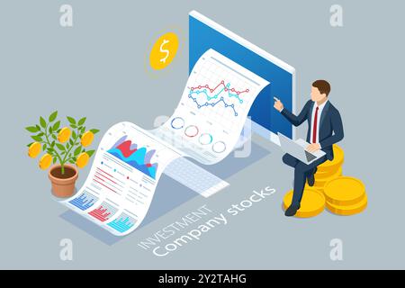 Isometrische Aktien von Investmentgesellschaften. Investitionen in Unternehmensanteile. Aktien, Börse, finanzielles Ziel, Aktien, Investitionen. Erfolg im Geschäft Stock Vektor