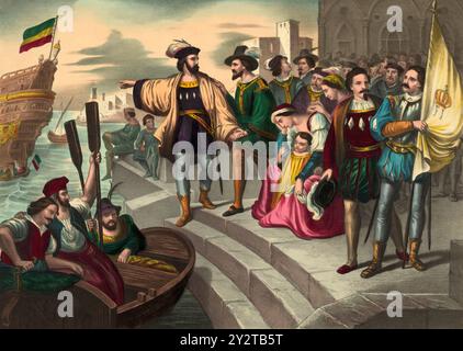 Christoph Columbus und seine Crew verlassen den Hafen von Palos, Spanien, 1492, digital optimiert Stockfoto