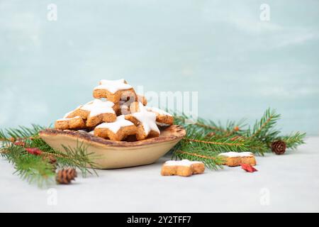 Zimtsterne, Zimtsterne traditionelle deutsche weihnachtskekse in einer Schüssel, Lebkuchen mit Aniswürz für die Feiertage, Tannenzweige Stockfoto