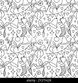 Nahtloses Muster mit Vektor-Weihnachtskritzelumrandung Illustration mit festlichen Elementen wie stechpalme, Süßigkeiten, Strümpfe, Bögen und Ornamenten. Ideal Stock Vektor