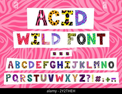 Acid Wildtier Fontäne. Isoliertes englisches Alphabet. Stock Vektor