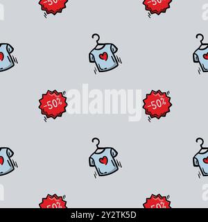 Nahtloses Muster mit T-Shirt und Rabattgutschein. Hintergrund mit Shopping, Supermarkt, Verkauf, Aktionen, Black Friday Stock Vektor