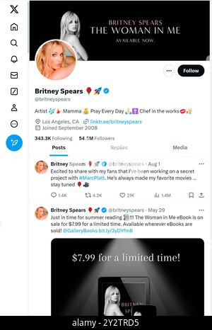 'X' - ehemals Twitter - Seite (September 2024) von Britney Spears Stockfoto