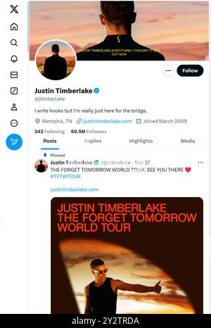 'X' - ehemals Twitter - Seite (September 2024) von Justin Timberlake Stockfoto