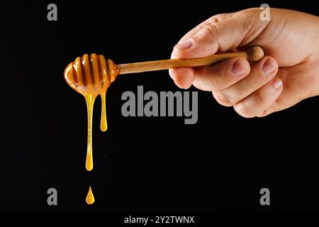 Hand Nahaufnahme halten Löffel mit Honig fließend und tropfend auf dunklem Hintergrund, Imkerei Konzept, Naturmedizin Stockfoto