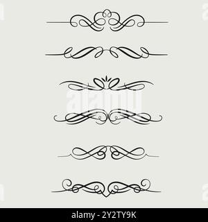 Handgezeichnete kalligraphische Flourish-Teiler. Dekorativer Rollteiler für Hochzeitseinladungskarten, Vintage-Ornamente und filigrane Blüten gr Stock Vektor