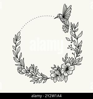 Rahmen mit Kolibris und Blumen isoliert auf weißem Hintergrund Stock Vektor