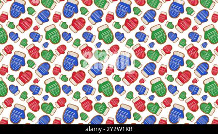 Weihnachtlicher Hintergrund. Mehrfarbige Lebkuchenkekse in Form von Fäustlingen isoliert auf weiß. Muster für Geschenkpapier, Grußkarten. Stockfoto