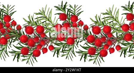 Nahtloses Muster. Festliche Weihnachtsgirlande aus Nadelzweigen, verziert mit künstlichen roten Beeren. Stockfoto