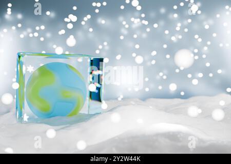 Ein von Eis umhüllter Globus sitzt auf verschneiten Böden und ruft ein Winterthema und Umweltbewusstsein hervor. 3D-Rendering Stockfoto