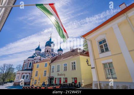 Tallinn, Estland - 8. Mai 2024: Die berühmte Alexander-Newski-Kathedrale dominiert die Skyline mit ihrer unverwechselbaren Zwiebelkuppel, umgeben von farbenfrohen Bu Stockfoto