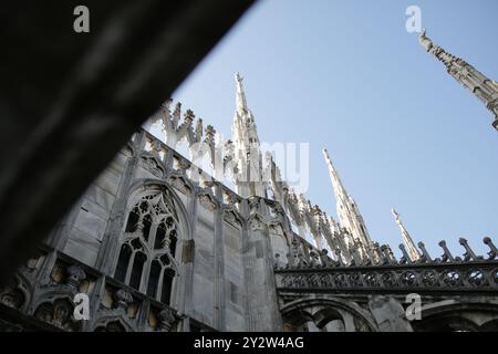 Ein detaillierter Blick auf die gotische Architektur des Mailänder Doms vor einem klaren blauen Himmel. Stockfoto