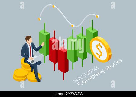 Isometrische Aktien von Investmentgesellschaften. Diagramme und Diagramme. Investitionen in Unternehmensanteile. Monetäre Investitionen und Gewinne. Erfolg im Geschäft und Stock Vektor