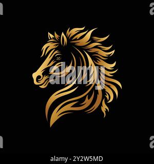 Goldene Silhouette des Pferdekopfes auf schwarzem Hintergrund Stock Vektor