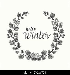 Minimale weihnachtsbaumzweige und Kirschkreis-Rahmen-Vektorvorlage, Hallo Winter Text Stock Vektor