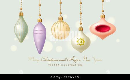 Vintage-Weihnachtskugeln in 3D-Optik, Weihnachtsbaumschmuck. Realistische Vektordarstellung Stock Vektor