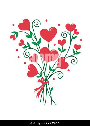 Blumenstrauß in Herzform mit Blättern. Valentinstag-Element. Vektor-Zeichentrick flache Illustration. Stock Vektor
