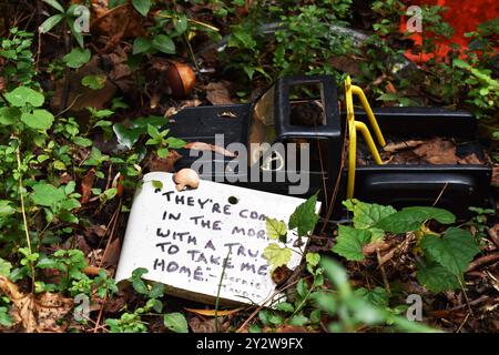 "Sie kommen morgen früh mit einem Truck, um mich nach Hause zu bringen" -- ein Text, der auf einem gefundenen Objekt geschrieben wurde bei Doll's Head Trial in Atlanta, Georgia Stockfoto