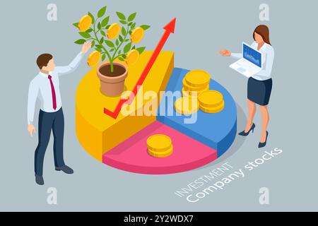 Isometrische Aktien von Investmentgesellschaften. Diagramme und Diagramme. Investitionen in Unternehmensanteile. Monetäre Investitionen und Gewinne. Erfolg im Geschäft und Stock Vektor