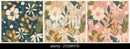 Set aus nahtlosen Mustern mit abstrakten Wildblumen Stock Vektor